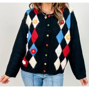 POL Argyle Diamond Floral Cardigan Black Knit Button Front Sweater Size Small